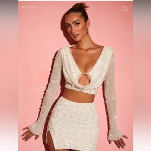 Oh Polly Long Sleeve Plunge Crop Top in White
